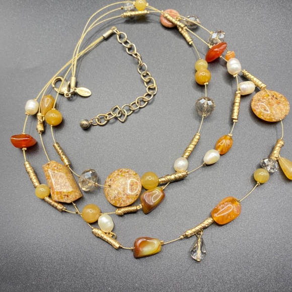 CHICO'S Triple Strand Glass Stone Natural Pearl Beads Layered Necklace - Picture 3 of 8